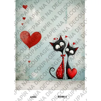 Umělecký papír Rýžový a soft papír na decoupage - kočky Valentýn láska - KB2903 Materiál: Soft, Rozměr: A4