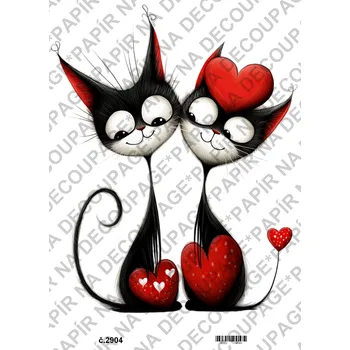 Umělecký papír Rýžový a soft papír na decoupage - kočky Valentýn láska - KB2904 Materiál: Soft, Rozměr: A4