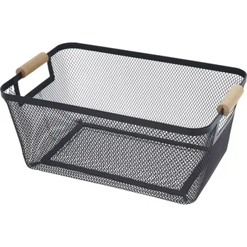 Kovový koš s dřevěnými úchyty, černý, výška: 160 mm, délka: 380 mm, šířka: 235 mm