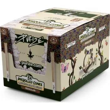 PURIZE předbalené dutinky Regular Size Cones s filtrem a pěchovátkem, 3 ks | box 30 ks (PURIZE® 3x PreRolled Cones Regular Size vám nabízí pohodlné balení tří kónických dutinek z nebělených papírků a s integrovanými Regular Size filtry.)
