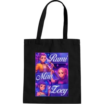 Žertovný předmět Tričkový.cz - Rumi, Mira a Zoey - Huntrix - taška s potiskem pro fanoušky filmu KPop Demon Hunters