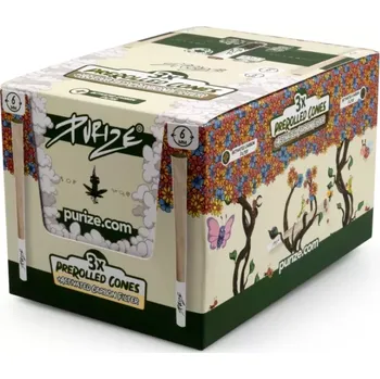 PURIZE předbalené dutinky XTRA Slim Size Cones 4s filtrem a pěchovátkem, 3 ks | box 30 ks (PURIZE® 3x PreRolled Cones XTRA Slim Size - předbalené kónické dutinky z nebělených papírků a s integrovanými XTRA Slim filtry.)