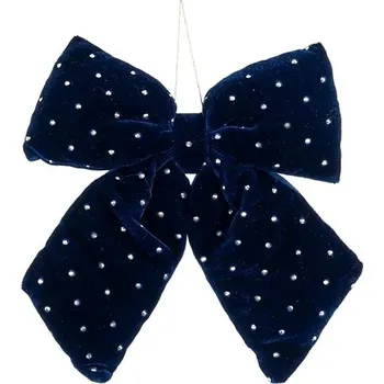 Vánoční dekorace LAALU Mašle saténová s kamínky, tmavě modrá, 20 × 23 cm