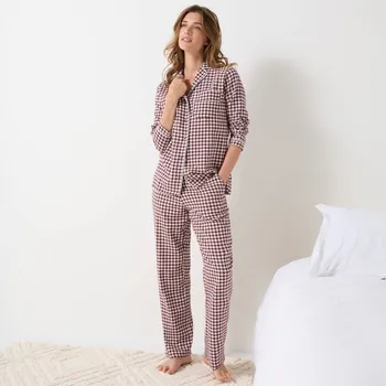 Dámské pyžamo Pyžamo s kalhotami, dlouhými rukávy a kostkovaným vzorem čokoládová/režná 52