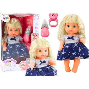 Panenka s čůráním v modrých šatech s lahvičkou a chrastítkem