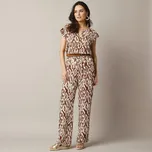 Dlouhý overal, krepon s potiskem karamelová/režná 38