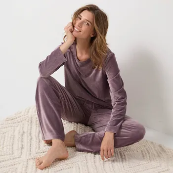 Dámské pyžamo Velurové pyžamo s kalhotami a dlouhými, širokými rukávy hnědošedá 34/36