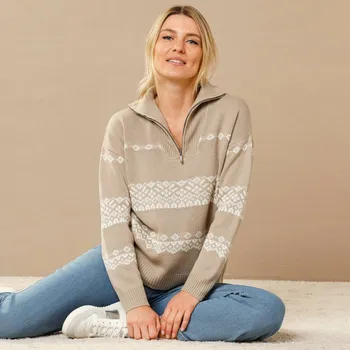 Dámský svetr Žakárový pulovr se stojáčkem na zip oříšková/režná 54