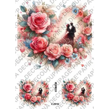 Umělecký papír Rýžový a soft papír na decoupage - Srdce květinové, láska - KB2918 Materiál: Soft, Rozměr: A4