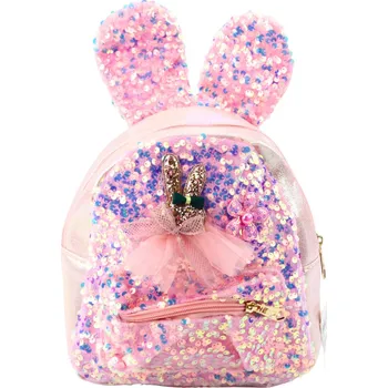 Dětský batoh Dětský batoh s flitry a králičími ušima světle růžový 22cm 4,4L