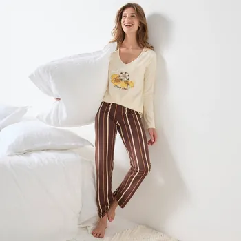 Dámská móda Pyžamo s kalhotami, dlouhými rukávy a potiskem vanilková/čokoládová 46/48