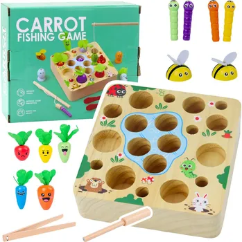Dřevěná hračka Dřevěná hra s mrkví a červíky – magnetická udice pro děti