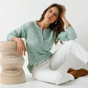 Dámský svetr Ažurový pulovr s tuniským výstřihem zelená mořská 42/44