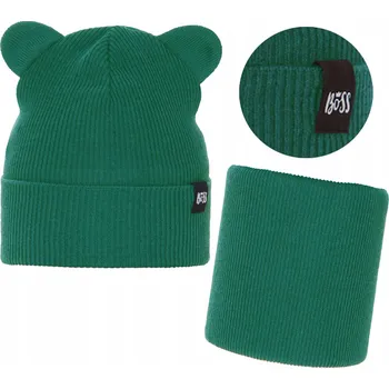 Čepice Zelená souprava jaro/podzim: ČEPICE s oušky + NÁKRČNÍK žebrovaný, medvídek, velikost 48-50