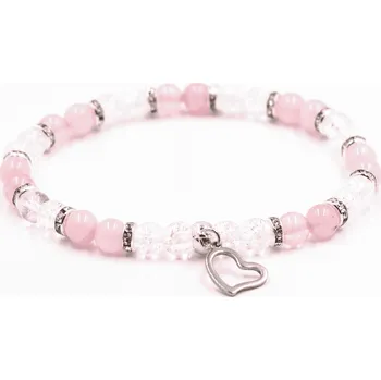 Náramek Milujeme Kameny Křišťál pukaný a růženín s přívěskem srdce - náramek kulička NPUK290 548113