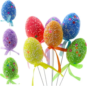 Velikonoční dekorace Velikonoční vajíčka na drátku barevná s bílými vzory a stužkou 6ks