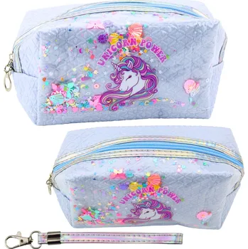 Penál Školní penál s opaskem jednorožec konfetti modrý 20cm