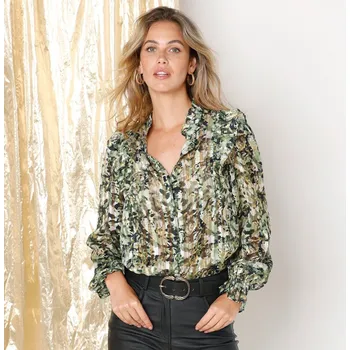 Dámská halenka Voálová halenka s volánky a potiskem khaki/šedobéžová 48