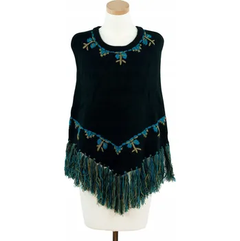 Šála Pončo s třásněmi Na Louce - černé sz13106