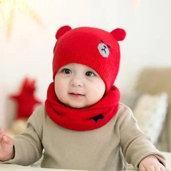 Šála Dětská pletená čepice s ušima + nákrčník J2460 červená