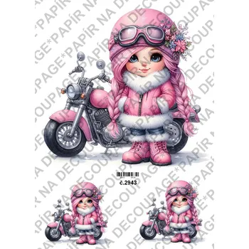 Umělecký papír Rýžový a soft papír na decoupage - Holčička na motorce - KB2943 Materiál: Soft, Rozměr: A4