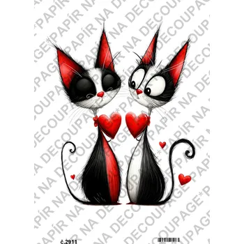 Umělecký papír Rýžový a soft papír na decoupage - kočky Valentýn láska - KB2911 Materiál: Soft, Rozměr: A4