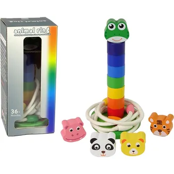 Dřevěná hračka Dřevěná pyramidka se zvířátky – s provázky pro děti 3+