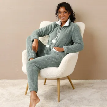 Dámský kabát Fleecové pyžamo s kalhotami a kabátkem na zip khaki/režná 46/48