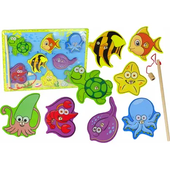 Dřevěná hračka Dřevěná magnetická hra na rybaření – mořská zvířata s wědkou
