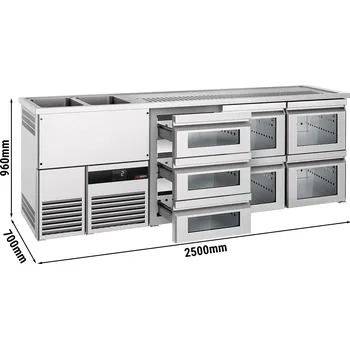 Vinotéka G.Gastro Výčepní pult 2,5 x 0,7 m - se 4 skleněnými šuplíky 1/2 & 3 skleněnými šuplíky 1/3