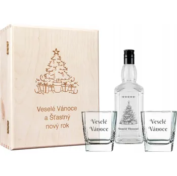 Sklenice Světlý Dřevěný Vánoční Box s lahví + 2 sklenice s gravírováním dárek DD-15