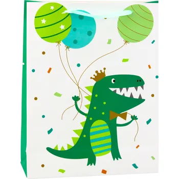 Dárková taška dinosaurus s balónky – 32x26x10cm bílo zelená
