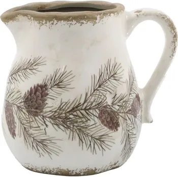 Béžový baňatý keramický džbán s jedlovou girlandou - 13*16*15,5 cm