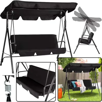 Zahradní houpačka Zahradní houpačka pro 3 osoby – s matrací a stříškou | černá
