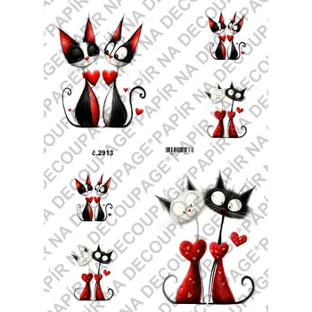 Umělecký papír Rýžový a soft papír na decoupage - kočky Valentýn láska - KB2913 Materiál: Soft, Rozměr: A4