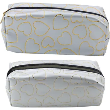 Penál Školní penál jednokomorový – se zlatými srdíčky stříbrný