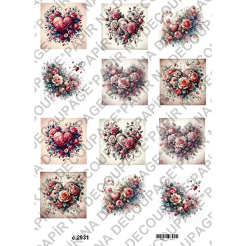 Umělecký papír Rýžový a soft papír na decoupage - Srdce květinové, láska - KB2931 Materiál: Soft, Rozměr: A4
