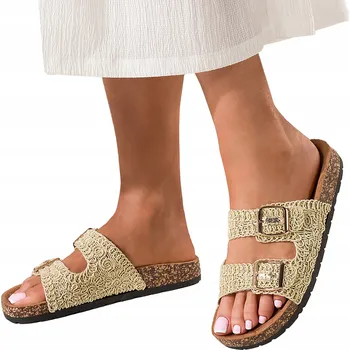 Dámské pantofle NAZOUVÁKY Dámské Zlaté Pletené Ozdobné Pohodlné Korková Podrážka Nazouvací vel. 39