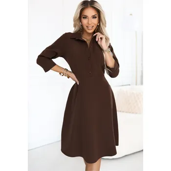 Dámské oblečení 286-9 SANDY Flared shirt dress with belt - chocolate NUMOCO hnědá 3431717