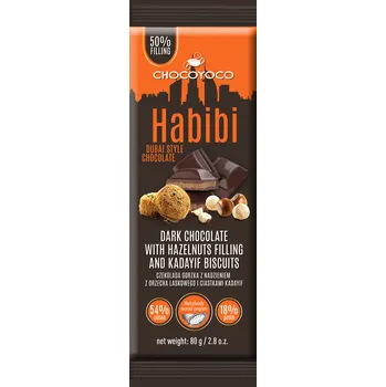 Čokoláda Selllot, s.r.o., K Hájům 34, 155 00 Praha 5 - Vyrobeno v EU Hořká čokoláda s lískooříškovou náplní (40%) a sušenkami HABIBI DUBAI STYLE 80g