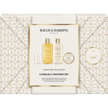 Kosmetická sada Baylis & Harding Sweet Mandarin & Grapefruit - sada s péčí o tělo a svíčkou, 4 ks relaxační sada tělových produktů a vonné svíčky v praktickém dárkovém balení
