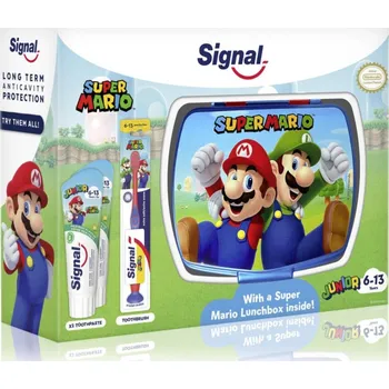 zubní pasta Signal Super Mario Super Mario jídelní box 1 ks + Signal Junior dětská zubní pasta 2x75 ml + Signal Kids zubní kartáček pro děti 1 ks