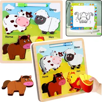 Puzzle Dřevěné puzzle 2v1 s kreslicí tabulkou domácí zvířata s pisákem