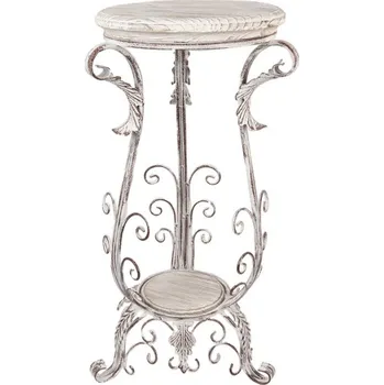Stojan na květiny Bílý kovový stolek na květiny s motivem listů a vintage patinou – 37x75 cm + doprava zdarma