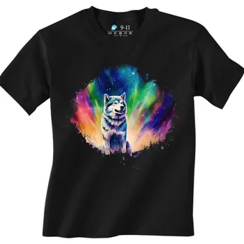 Chlapecké tričko Dětské tričko Husky pod Polární Září (Velikost: 7-8, Barva: Černá)