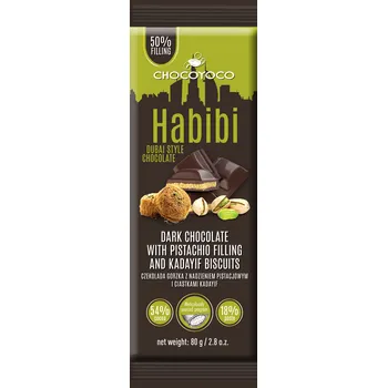 Čokoláda Selllot, s.r.o., K Hájům 34, 155 00 Praha 5 - Vyrobeno v EU Hořká čokoláda s pistáciovou náplní (45%) a sušenkami HABIBI DUBAI STYLE 80g