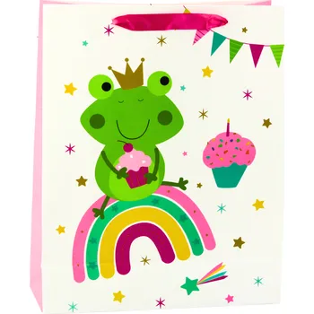 Dárková taška žába s korunou – 32x26x10cm bílo růžová