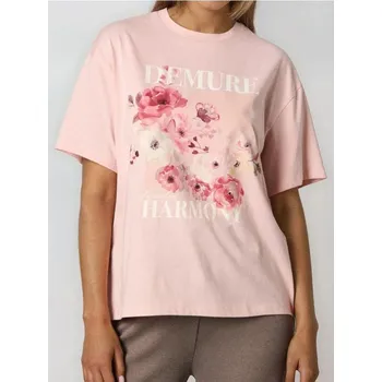 Dámské tričko Sinsay - Bavlněné oversize tričko s potiskem - pastelová růžová - 522DY-03X - 522DY-03X-XS