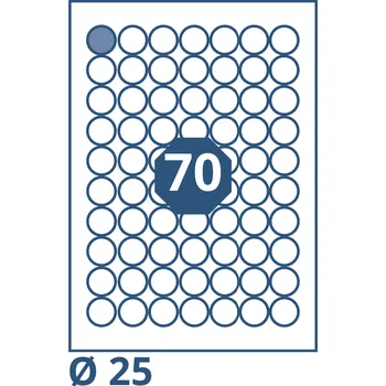 Speciální papír Print etikety kruh průměr 25 mm 70 etiket na A4 100 listů, bílé - V000xxx