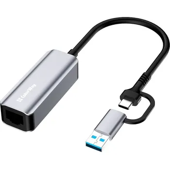 Redukce ColorWay adaptér USB/USB-C na RJ-45 18cm Adaptér, USB/USB-C (M) na RJ-45 (F), 10/100/1000Mbps, 18cm, šedý CW-AD-CRG
